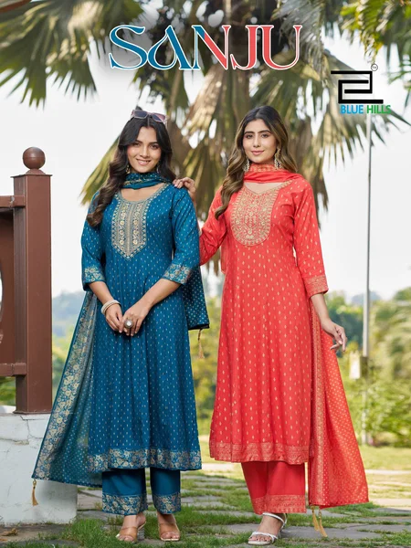 Sanju By Blue Hills Rayon Foil Printed Anarkali Kurti Set Suppliers In India